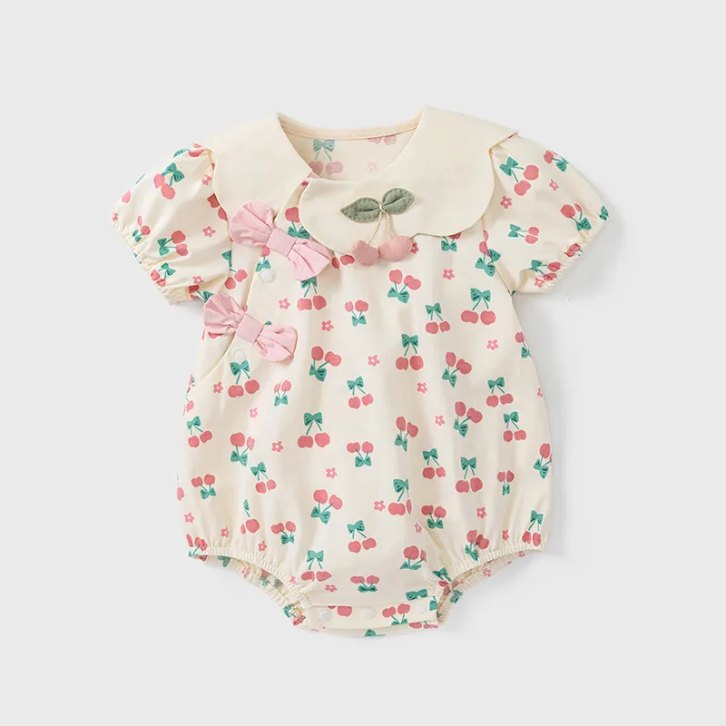 Kids Baby Girl Fashion Cute Cherry Printed Bowknot Lapel Short-Sleeve Rompers