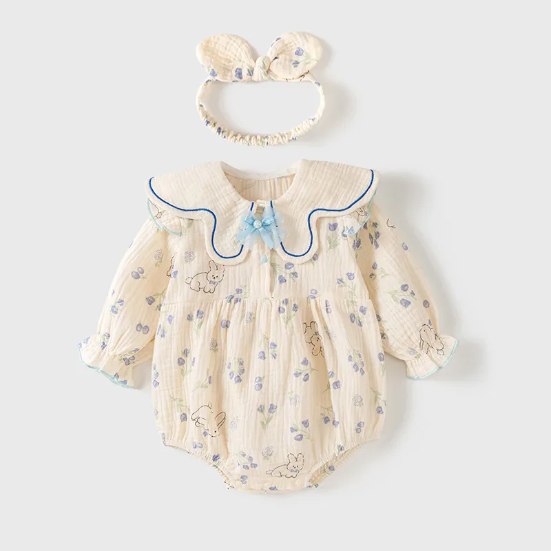 Kids Baby Girls' Fashion Cute Printed Lapel Long-Sleeve Cotton Rompers