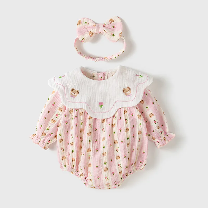 Baby Girl Bear Embroidered Lapel Long-Sleeve Rompers Cotton Triangle Climb