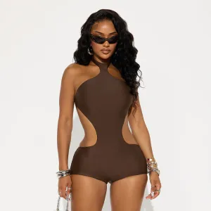 Women Fashion Sexy Solid Color Halter-Neck Backless Hollow-Out Tight Rompers