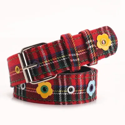 Women Fashion Creative Plaid Floral Imitation Leather Belt Pin Buckle