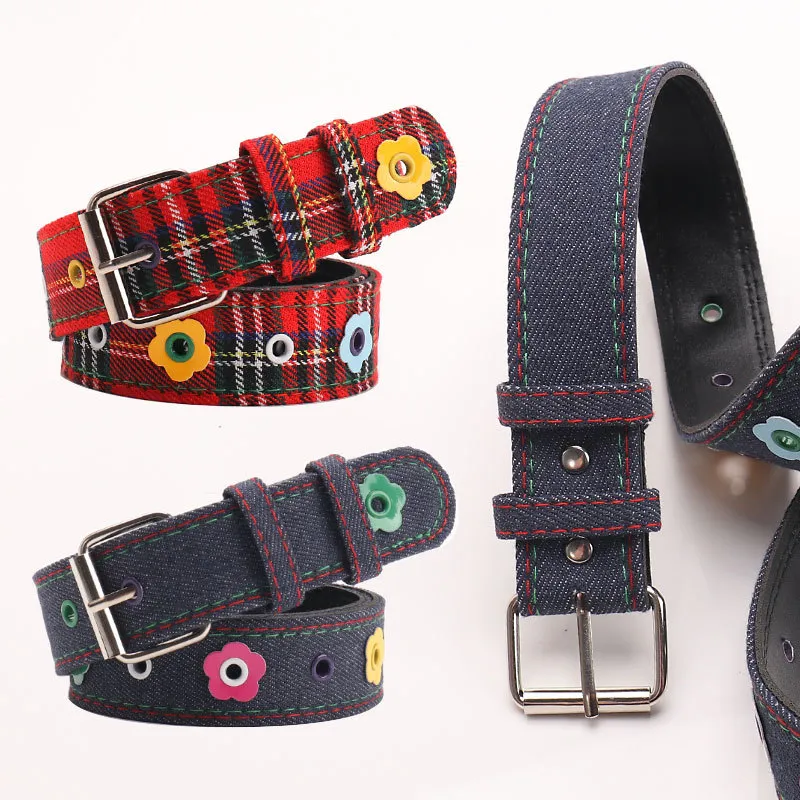 Women Fashion Creative Plaid Floral Imitation Leather Belt Pin Buckle