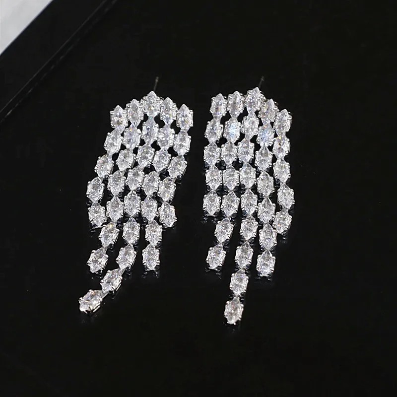 Women Rhinestone Tassel Drop Earrings Silver