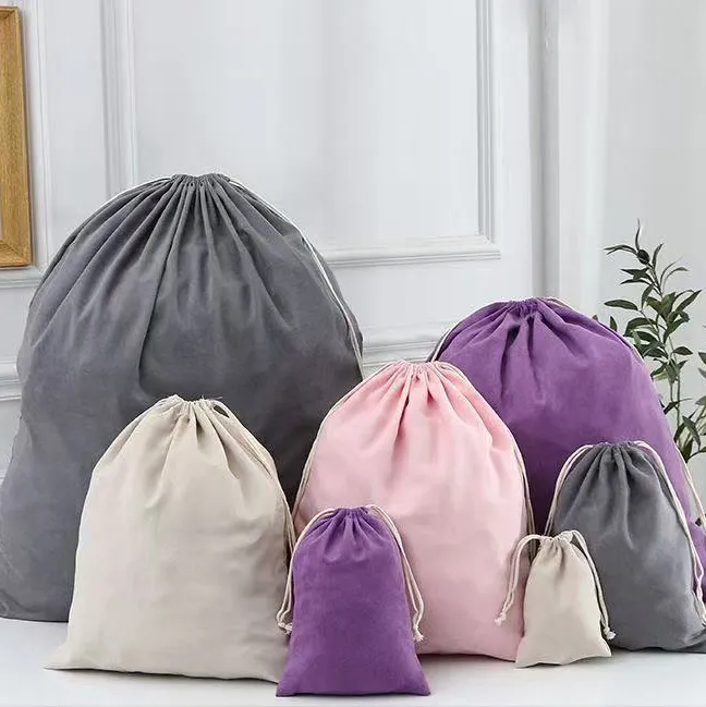 Solid Color Velvet Drawstring Storage Bag 22x27cm