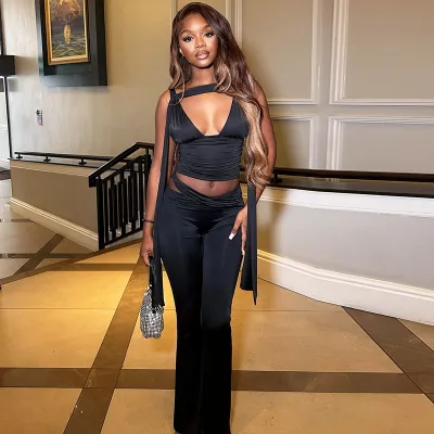 Women Fashion Sexy Solid Color Sleeveless V-Neck Crop Top Slim-Fit Pants Two-Piece Set