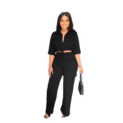 Women Casual Solid Color Drawstring Lapel Short-Sleeve Crop Top High Waist Pants Two-Piece Set