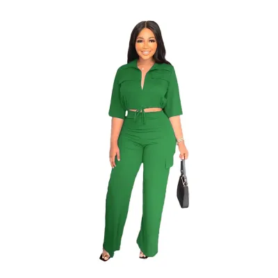 Women Casual Solid Color Drawstring Lapel Short-Sleeve Crop Top High Waist Pants Two-Piece Set