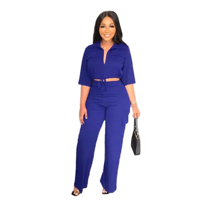 Women Casual Solid Color Drawstring Lapel Short-Sleeve Crop Top High Waist Pants Two-Piece Set