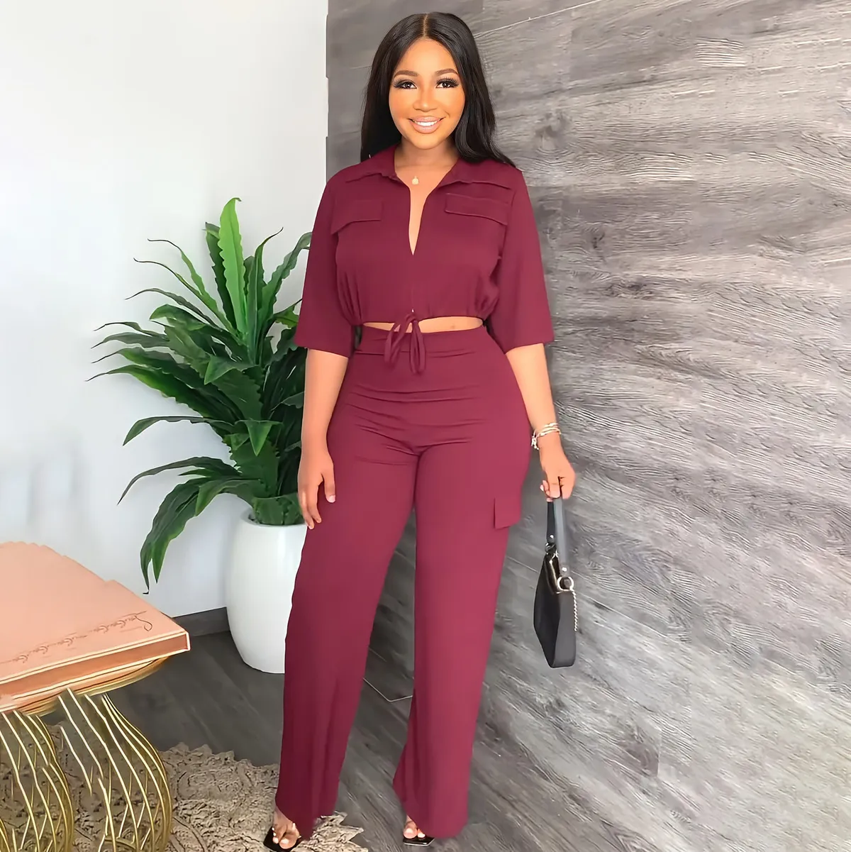 Women Casual Solid Color Drawstring Lapel Short-Sleeve Crop Top High Waist Pants Two-Piece Set