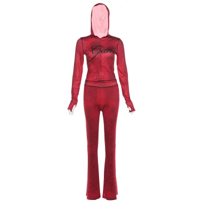 Women Sexy Printed Slim-Fit Long-Sleeve Hoodies Top High Waist Tight Pants Two-Piece Set