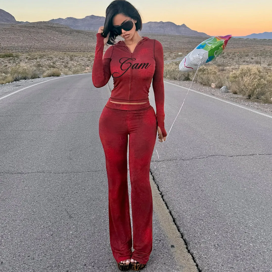 Women Sexy Printed Slim-Fit Long-Sleeve Hoodies Top High Waist Tight Pants Two-Piece Set