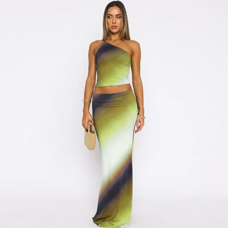 Women Sexy Gradient Backless Crop Top Slim Fit Skirt Two-Piece Set