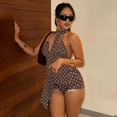 Women Fashion Sexy Polka Dot Printed Halter-Neck Backless Lace-Up Tanks Slim-Fit Shorts Two-Piece Set