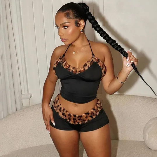 Women Fashion Leopard Stitching Halter-Neck Lace-Up Tanks Slim-Fit Shorts Two-Piece Set