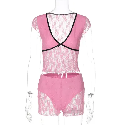 Women Fashion Sexy Solid Color Perspective Lace Stitching V-Neck Short-Sleeve Top Tight Shorts Two-Piece Set