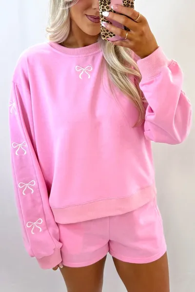 Women Casual Embroidered Bowknot Loose Long Sleeve Sweatshirt Slim-Fit Shorts Two-Piece Set