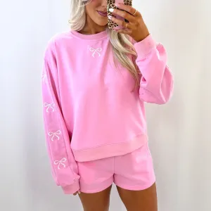 Women Casual Embroidered Bowknot Loose Long Sleeve Sweatshirt Slim-Fit Shorts Two-Piece Set