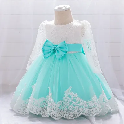Kids Baby Girls Clothing(0-3T) Fashion Elegant Lace Mesh Stitching Bowknot Long-Sleeve Party Dress
