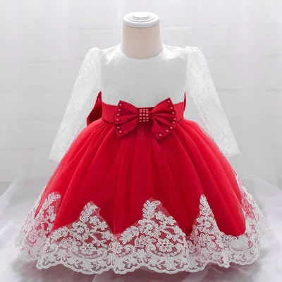 Kids Baby Girls Clothing(0-3T) Fashion Elegant Lace Mesh Stitching Bowknot Long-Sleeve Party Dress