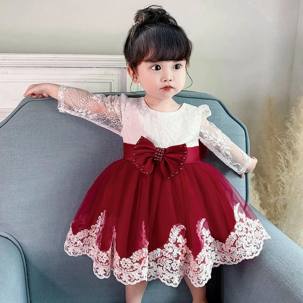 Kids Baby Girls Clothing(0-3T) Fashion Elegant Lace Mesh Stitching Bowknot Long-Sleeve Party Dress