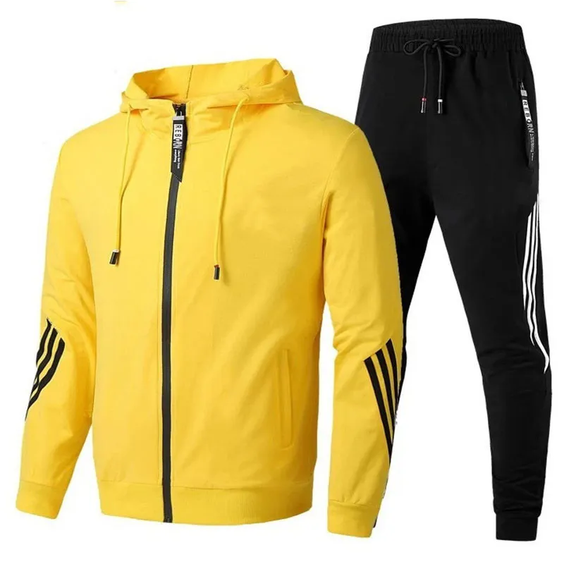 Men's Casual Color Block Hooded Long Sleeve Slim Fit Pants Two-Piece Set