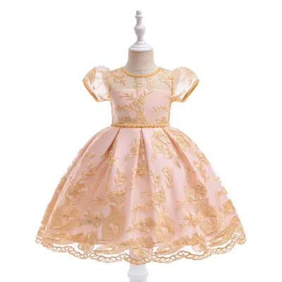 Kids Girls Fashion Elegant Sequins Embroidered Mesh Puff Sleeve Princess Dress
