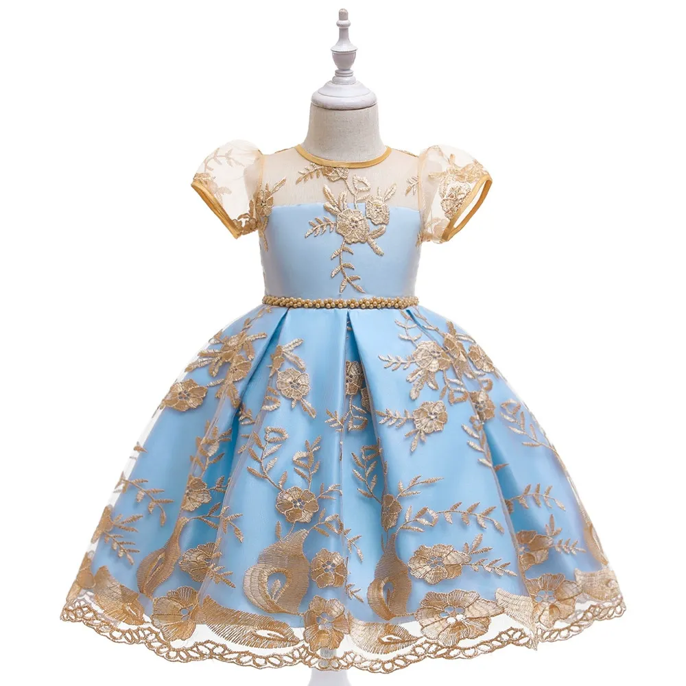 Kids Girls Fashion Elegant Sequins Embroidered Mesh Puff Sleeve Princess Dress