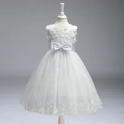 Kids Girls Fashion Elegant Solid Color Lace Bowknot Mesh Sleeveless Princess Dress