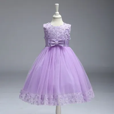 Kids Girls Fashion Elegant Solid Color Lace Bowknot Mesh Sleeveless Princess Dress