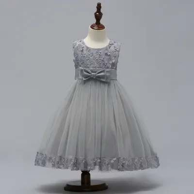 Kids Girls Fashion Elegant Solid Color Lace Bowknot Mesh Sleeveless Princess Dress