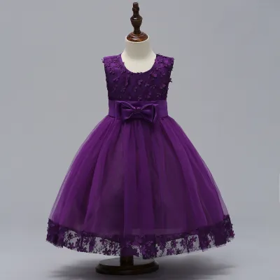 Kids Girls Fashion Elegant Solid Color Lace Bowknot Mesh Sleeveless Princess Dress