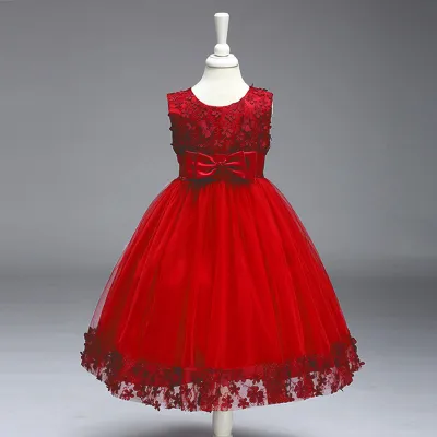Kids Girls Fashion Elegant Solid Color Lace Bowknot Mesh Sleeveless Princess Dress