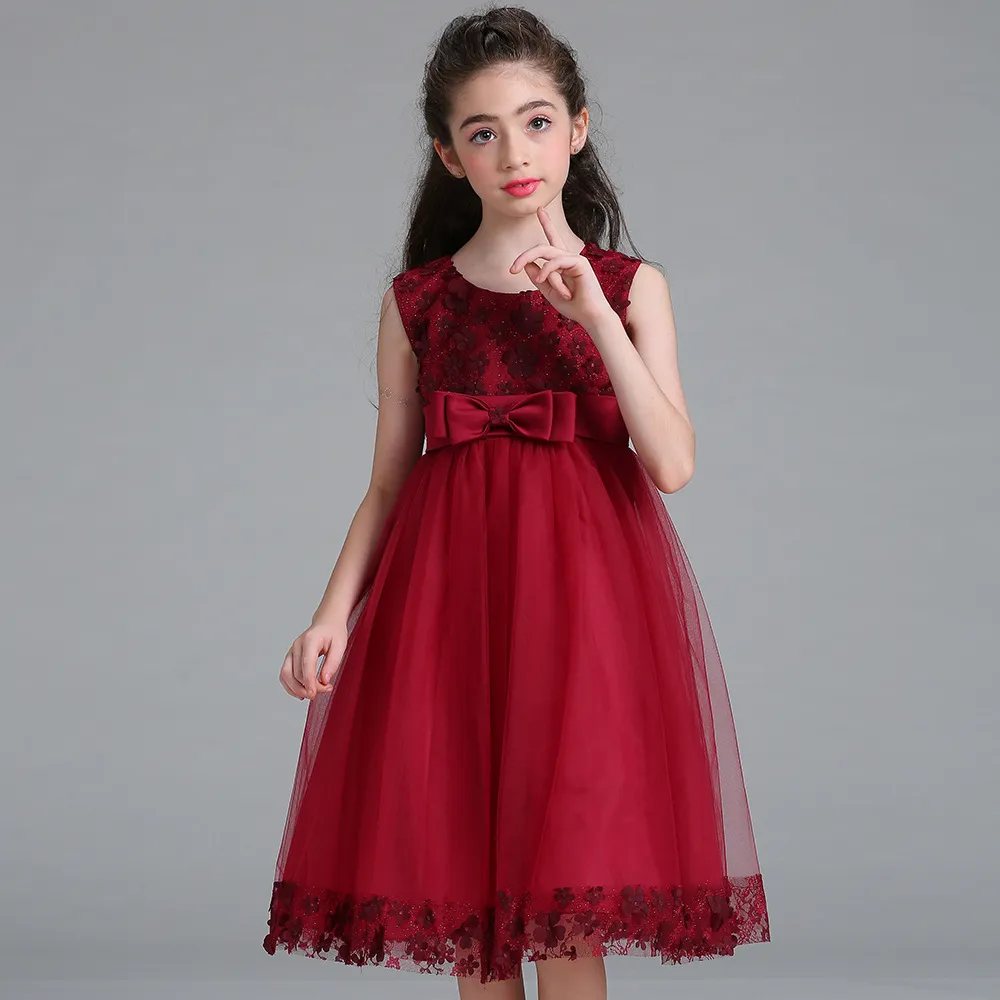 Kids Girls Fashion Elegant Solid Color Lace Bowknot Mesh Sleeveless Princess Dress