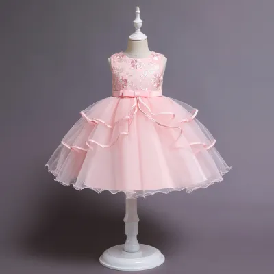 Kids Girls Elegant Flower Embroidered Mesh Sleeveless Princess Satin Dress
