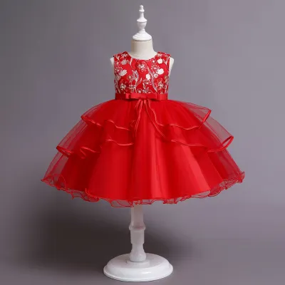 Kids Girls Elegant Flower Embroidered Mesh Sleeveless Princess Satin Dress