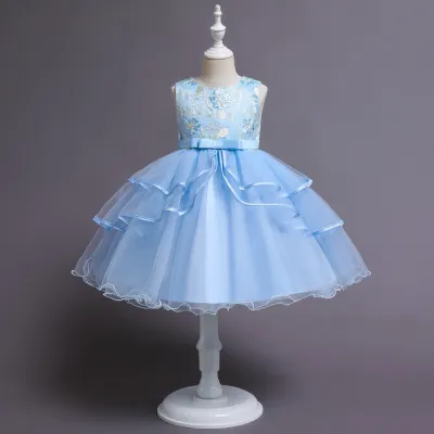Kids Girls Elegant Flower Embroidered Mesh Sleeveless Princess Satin Dress