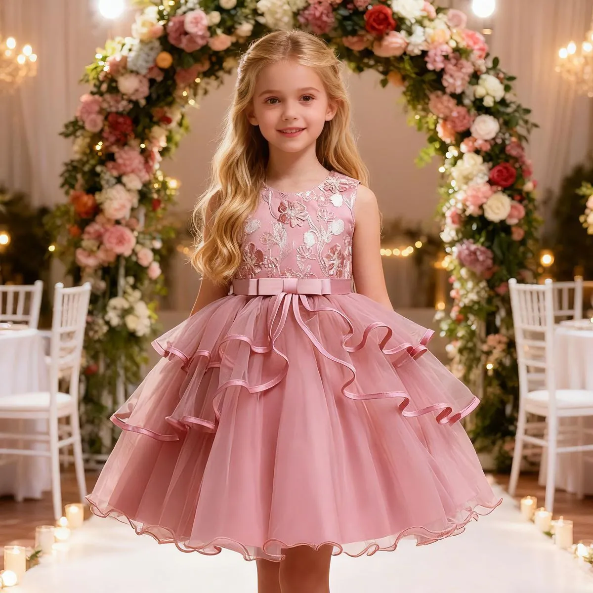 Kids Girls Elegant Flower Embroidered Mesh Sleeveless Princess Satin Dress