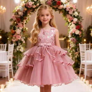 Kids Girls Elegant Flower Embroidered Mesh Sleeveless Princess Satin Dress