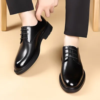 Men's Fashion Business Round Toe Lace Up Non-Slip Wear-Resistant Leather Shoes Top Layer Cowhide Rubber Sole Solid Color