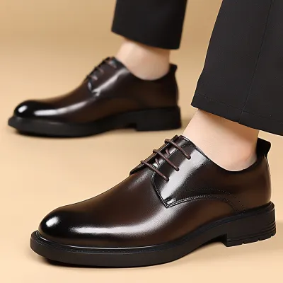 Men's Fashion Business Round Toe Lace Up Non-Slip Wear-Resistant Leather Shoes Top Layer Cowhide Rubber Sole Solid Color