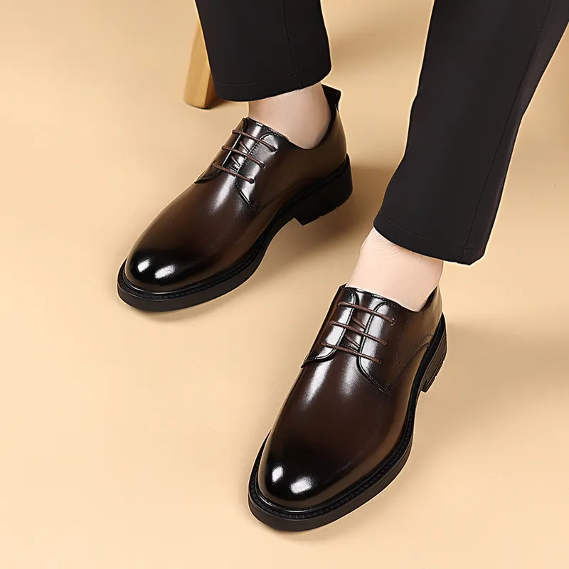 Men's Fashion Business Round Toe Lace Up Non-Slip Wear-Resistant Leather Shoes Top Layer Cowhide Rubber Sole Solid Color