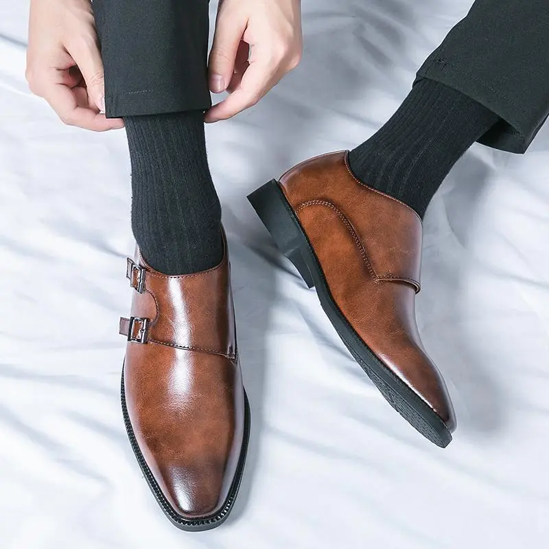 Men Fashion Casual Buckle Pointed-Toe Business Leather Shoes