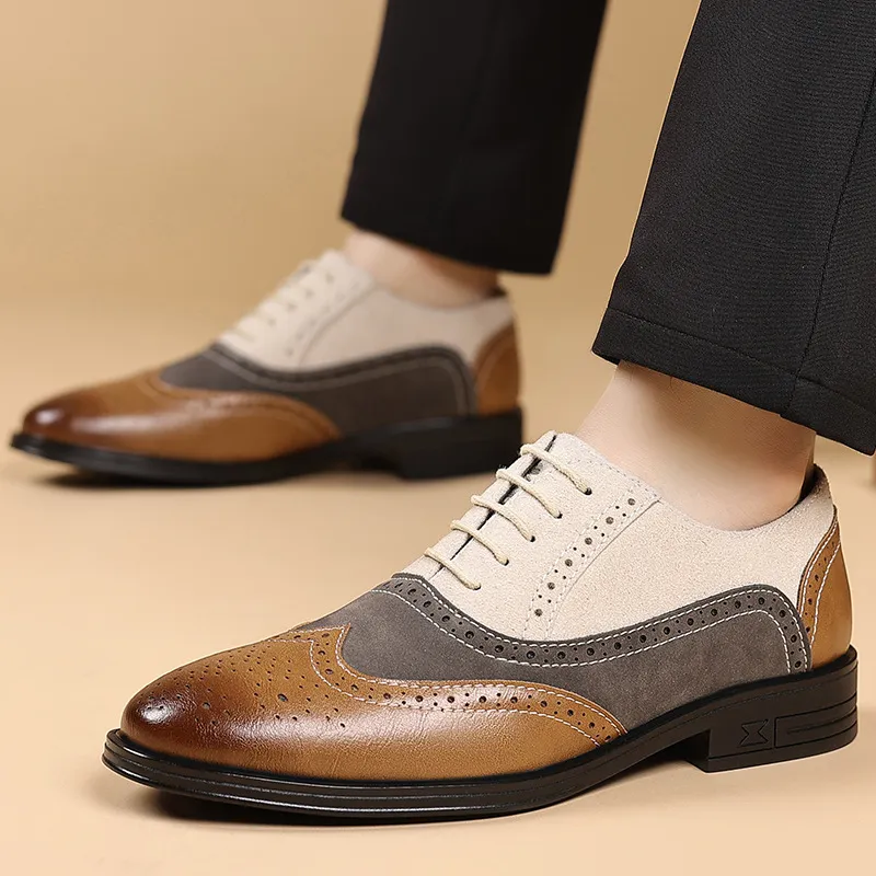 Men's Fashion Casual Stitching Breathable Pointed Toe Business Leather Wedge Shoes