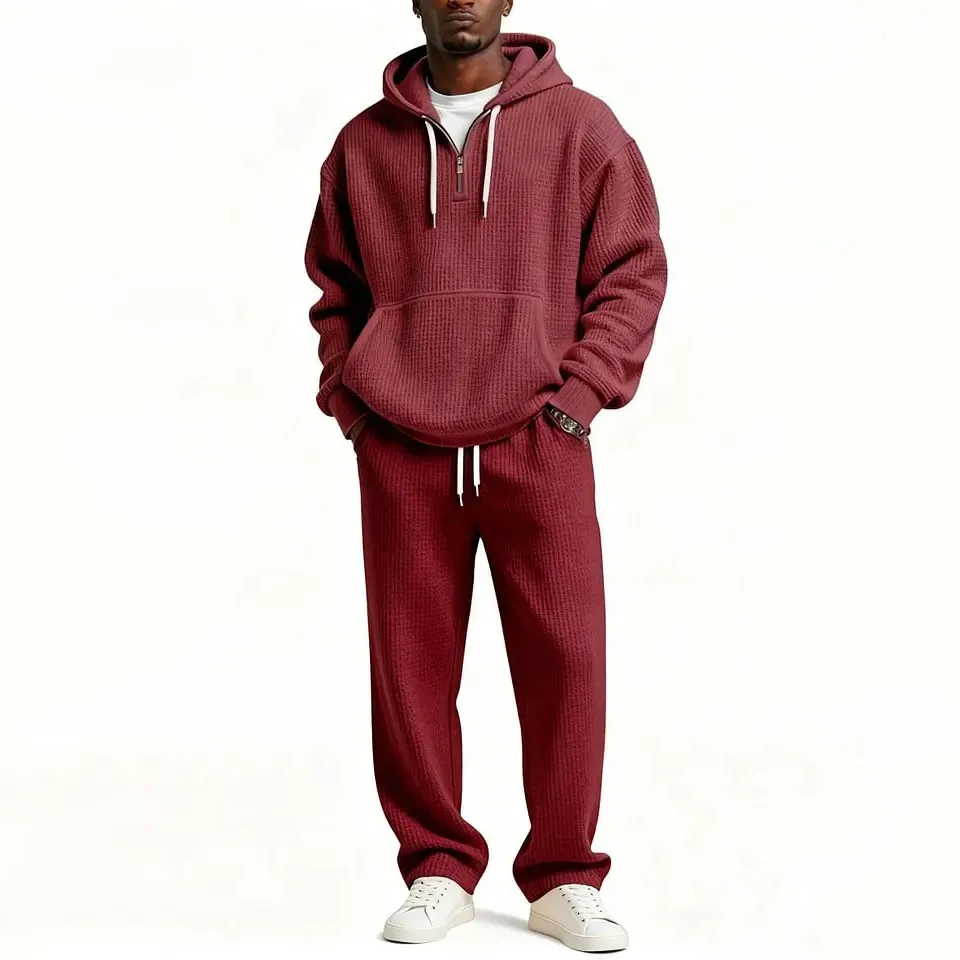 Men Fashion Casual Autumn Winter Solid Color Waffle Hoodies Loose Pants Two-Piece Set