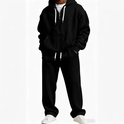 Men Fashion Casual Autumn Winter Solid Color Waffle Hoodies Loose Pants Two-Piece Set