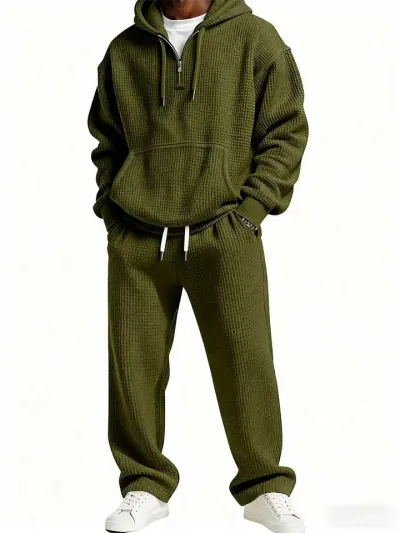 Men Fashion Casual Autumn Winter Solid Color Waffle Hoodies Loose Pants Two-Piece Set