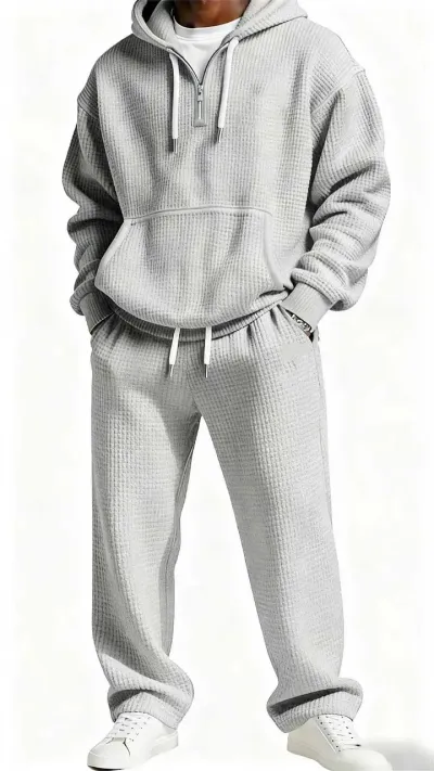 Men Fashion Casual Autumn Winter Solid Color Waffle Hoodies Loose Pants Two-Piece Set