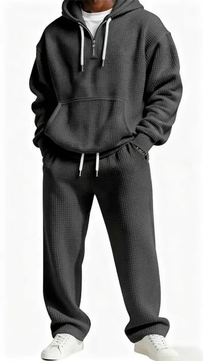 Men Fashion Casual Autumn Winter Solid Color Waffle Hoodies Loose Pants Two-Piece Set