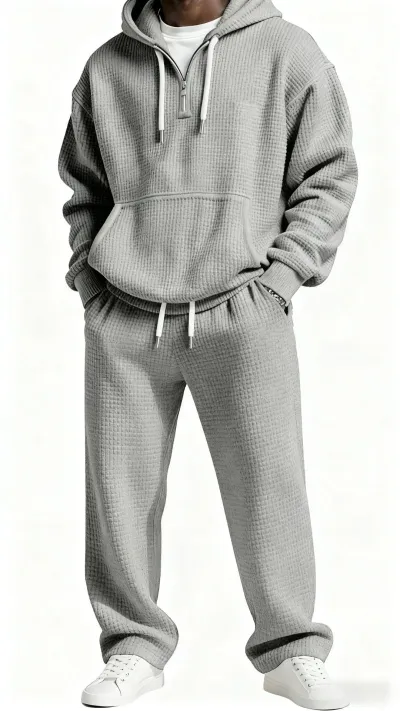 Men Fashion Casual Autumn Winter Solid Color Waffle Hoodies Loose Pants Two-Piece Set