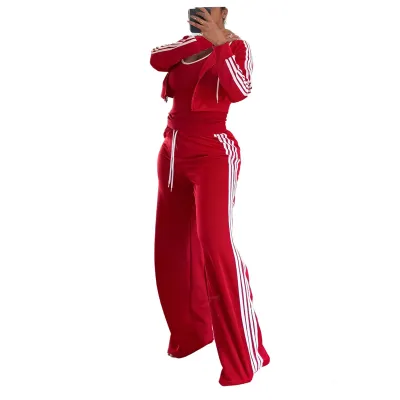 Women Casual Stripe Slim-Fit Long-Sleeve Hoodie Wide Leg Pants Two-Piece Set